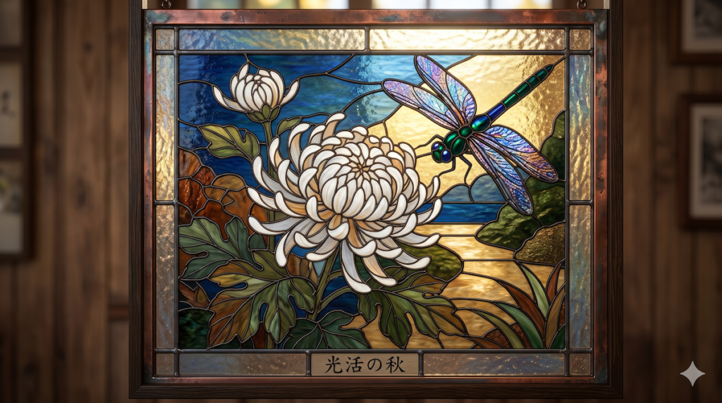 故人を偲ぶ白い菊の花のステンドグラス