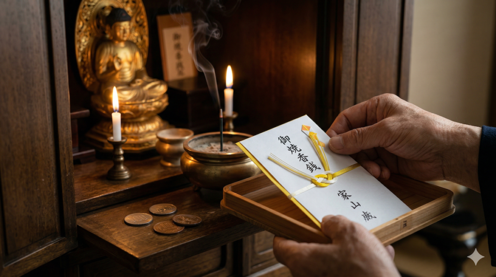 富山の仏壇にお供えされる「黄色い縁取りの袋（御焼香銭）」を持つ高齢者の手と、木のお盆、100円玉などの硬貨のクローズアップ写真。背景にはろうそくの光に照らされた金色の仏像とお線香の煙が見える。