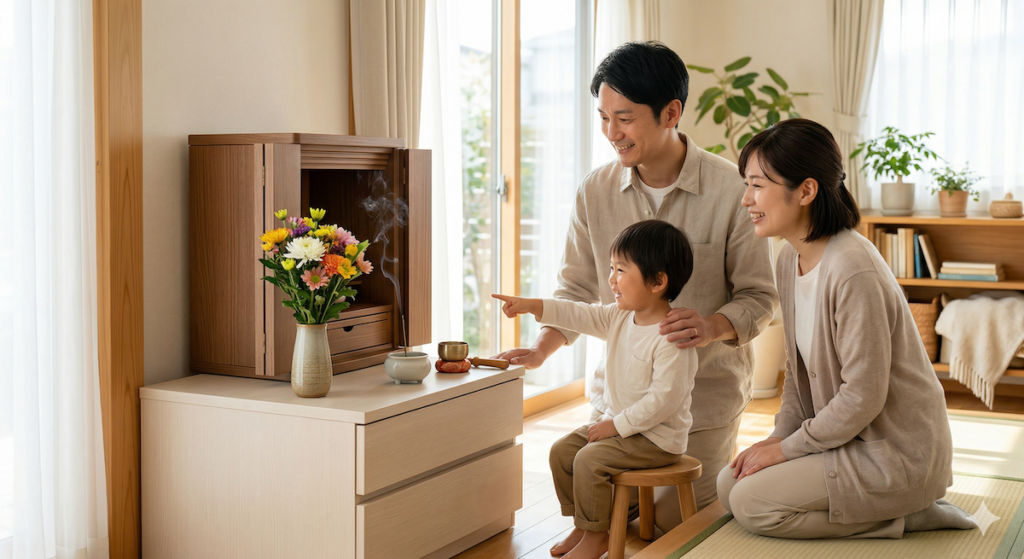 明るいリビングの角に、家族の笑顔に囲まれて安置された浄土真宗の仏壇。毛布から解放され、家族の日常に溶け込んだ温かい供養の風景を表現した生写真風画像。」