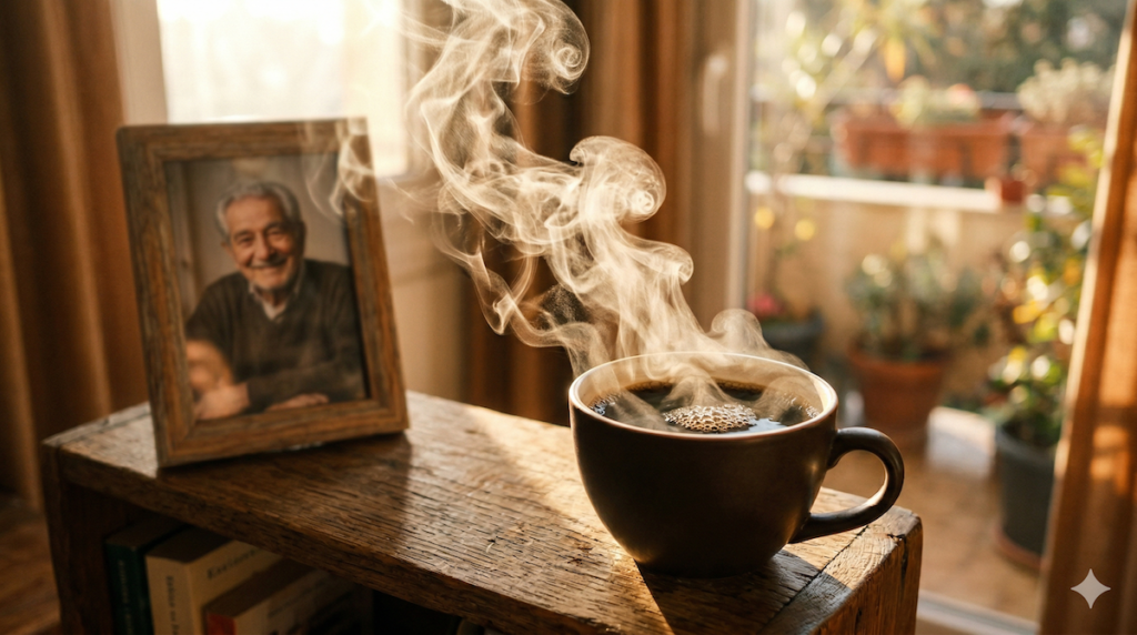 窓際で湯気を立てるコーヒーと、背景にそっと置かれた故人の写真