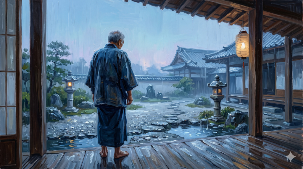 故人を偲び庭を眺める男性の後ろ姿の油絵