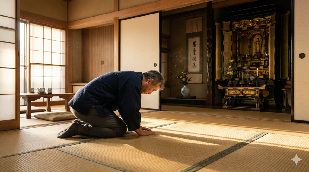 仏壇のある和室で、家庭訪問の客人を迎えるために深く一礼する日本人の親。差し込む西日が畳を照らす様子。