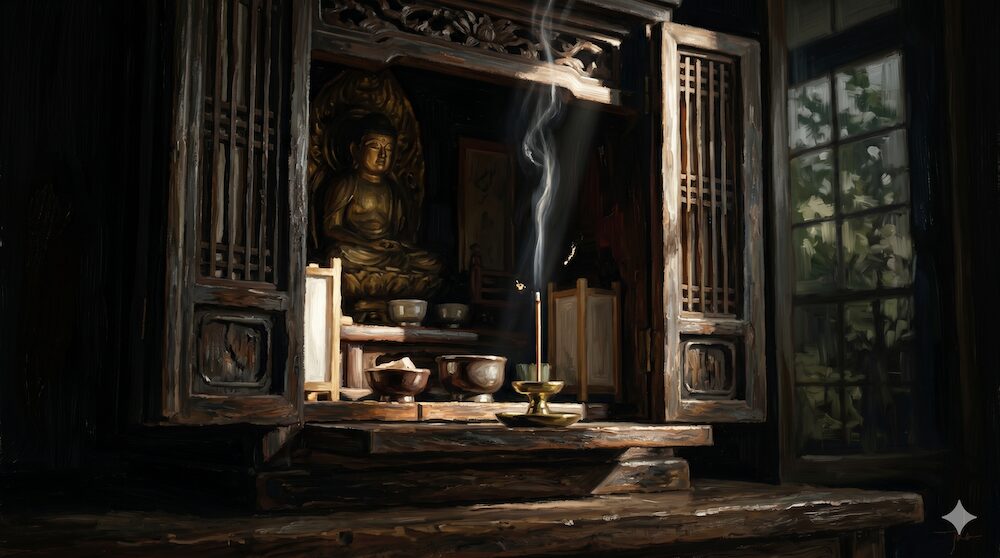 薄暗い部屋の仏壇で静かに煙を上げる線香と落ちる灰