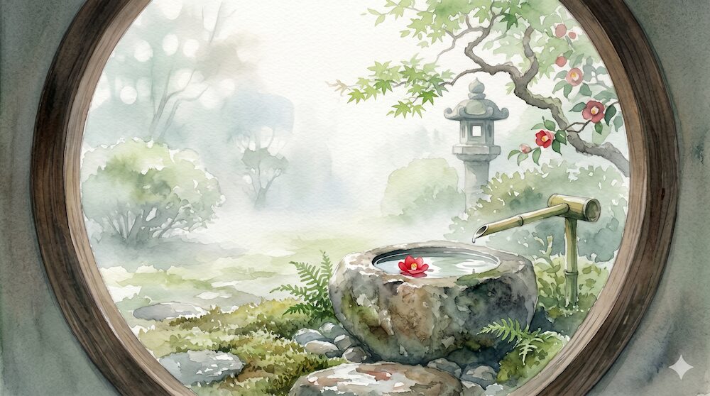 霧の中に浮かぶ、水彩画で描かれた静かな日本庭園と水鉢