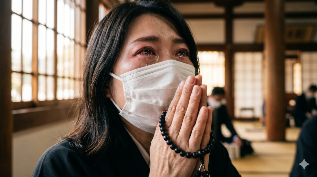 数珠を持ちマスク姿で祈る、花粉症で目が赤い参列者