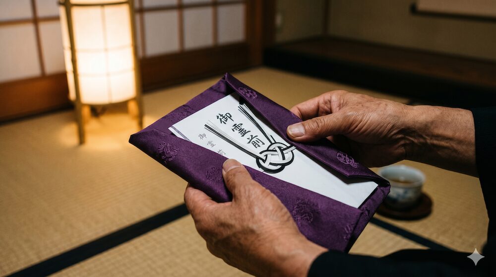 葬儀後の香典袋を紫色ふくさに包む手元