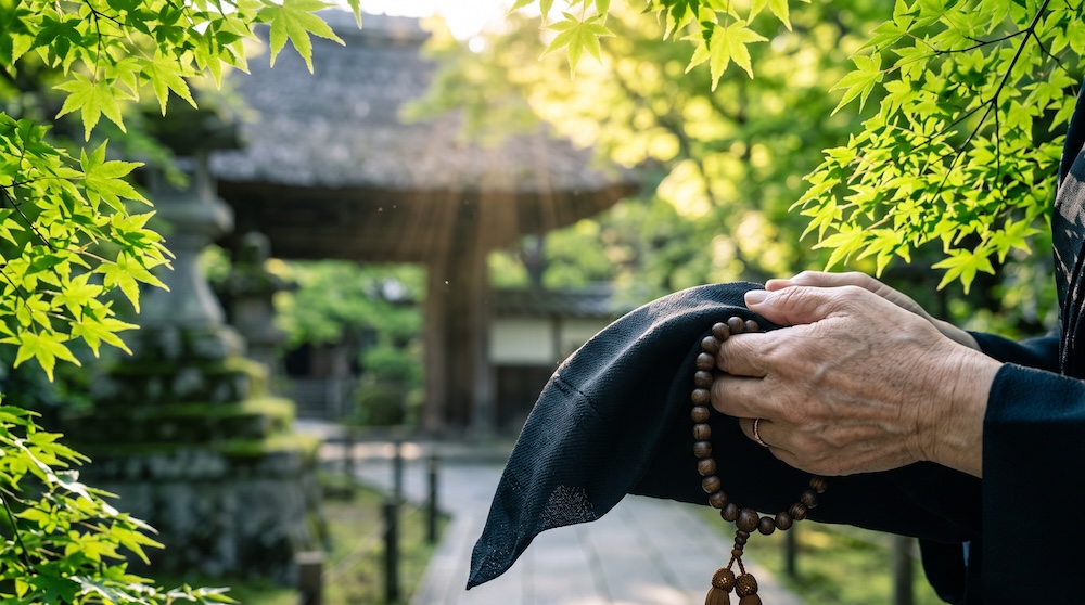 寺院の境内で数珠と黒い袱紗を持つ手