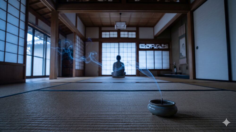 夕暮れ時の畳の部屋で、仏壇から一筋の線香の煙が静かに空へ昇っていく幻想的な風景。