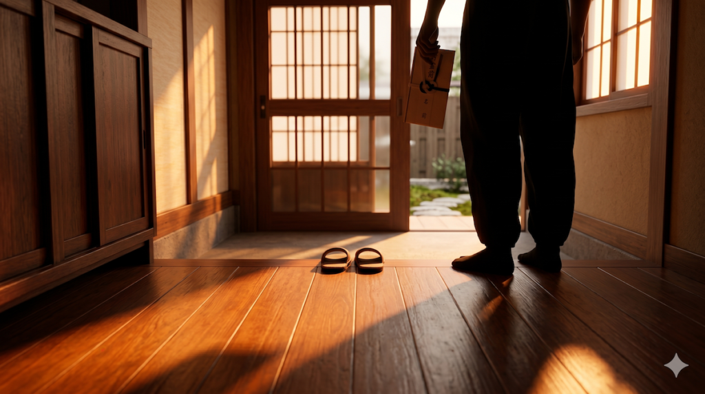玄関で香典を託し出発する瞬間のドラマチックな光