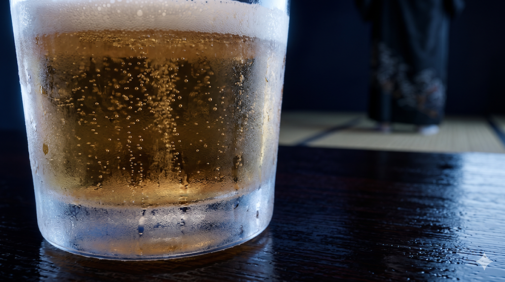 琥珀色のビールが注がれた冷たいグラスの接写