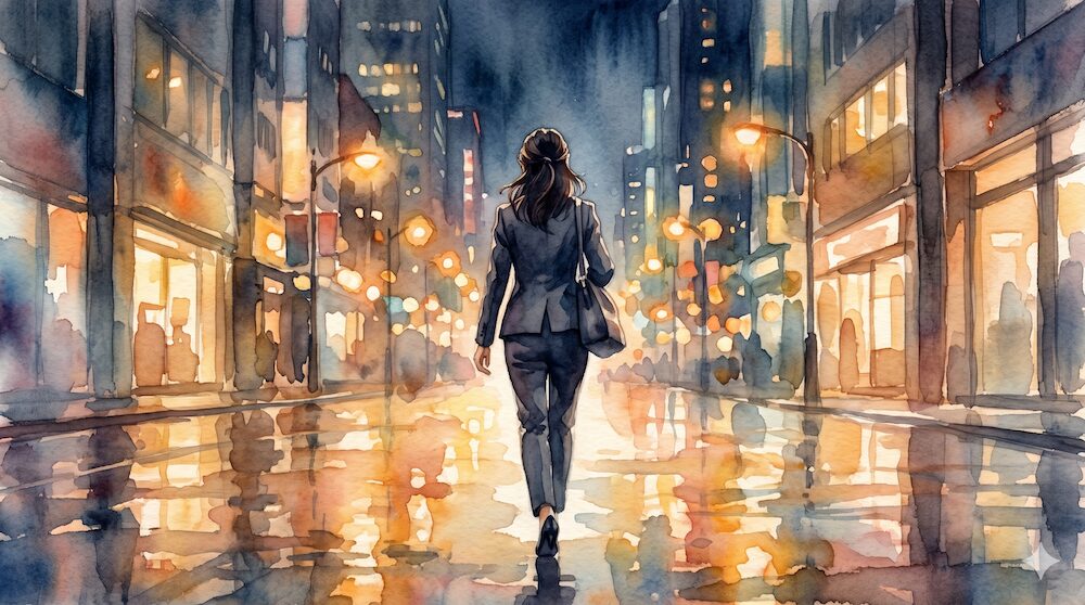 お通夜に黒スーツで急ぎ駆けつける女性の後ろ姿