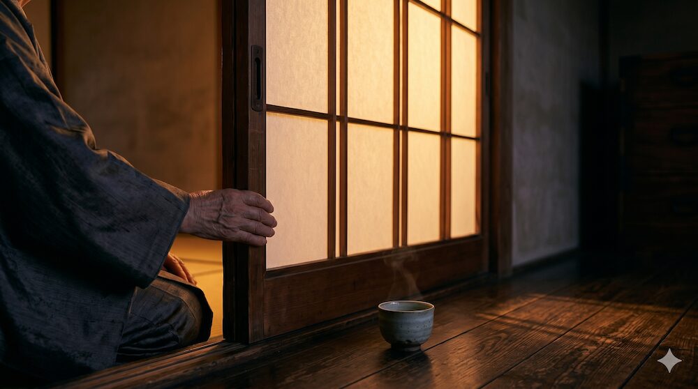 夜に温かい光を漏らす閉まった障子戸