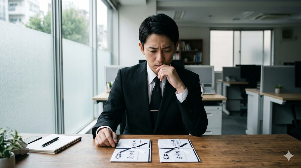会社からの香典お返し迷う男性