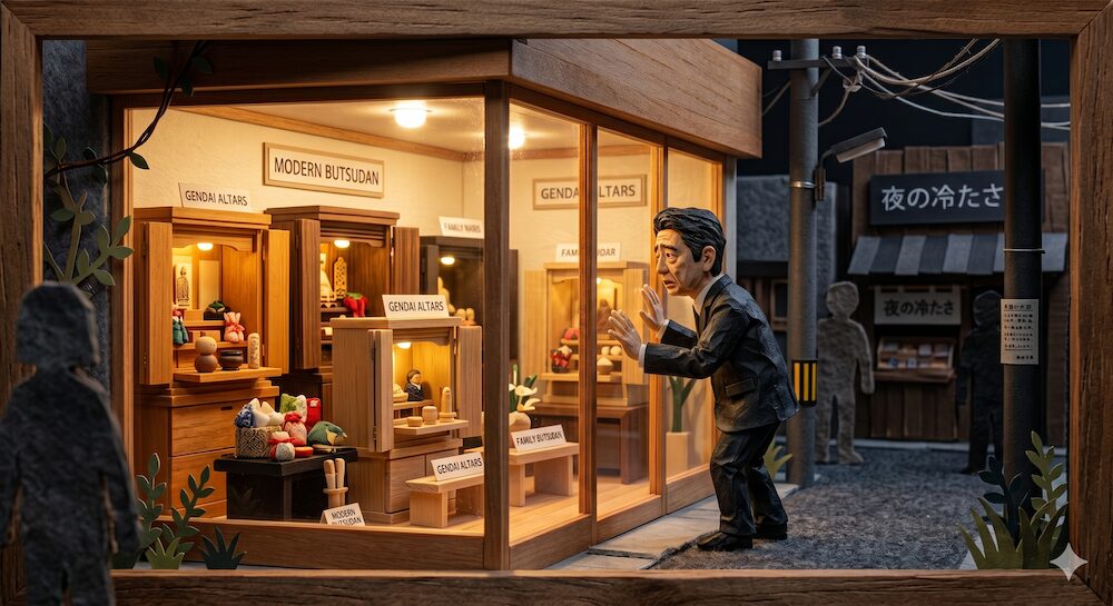 世間の視線を気にせず、真っ白な礼服姿で夜の街のモダンな仏壇店を必死に探し回る男性を描いたCGクラフト風画像。