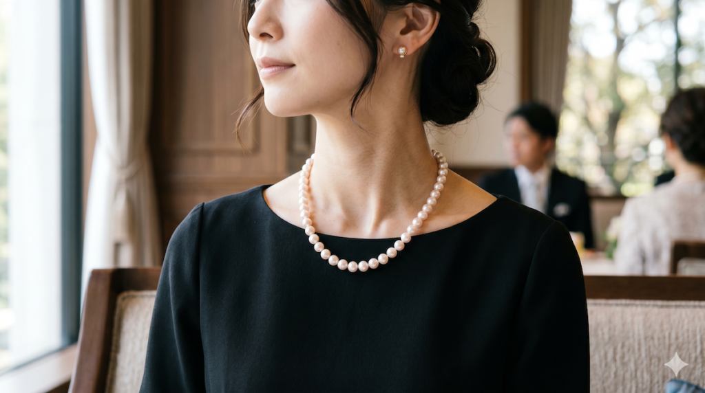 葬儀法事用ピンクパールネックレスの着用例