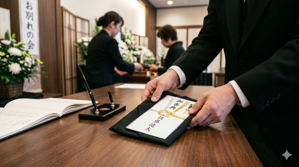 葬儀の受付で香典と袱紗を手渡すマナー