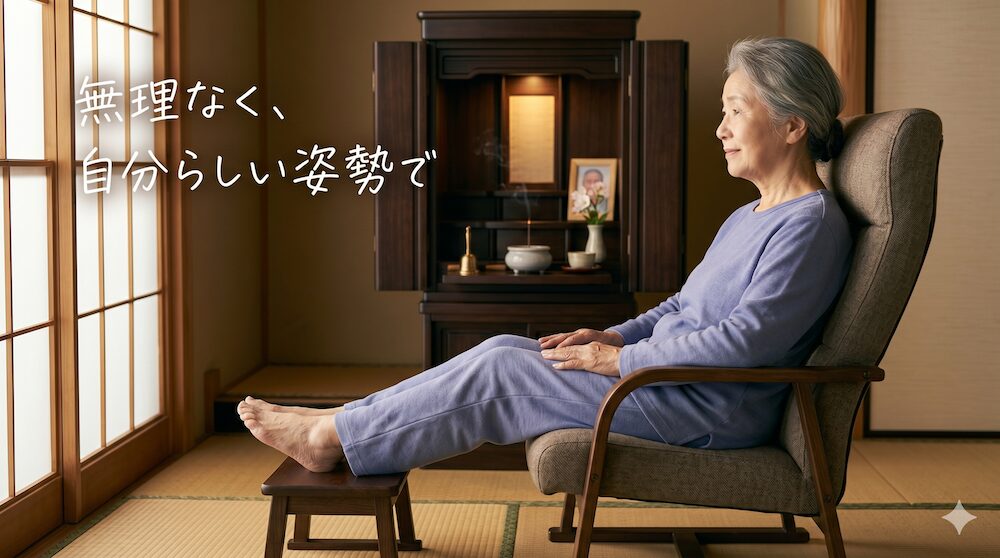 パジャマ姿の高齢女性が、和室で仏壇の前に置かれた背もたれ付きの小さな椅子に、楽な姿勢で座り、穏やかに仏壇を見つめている横顔。