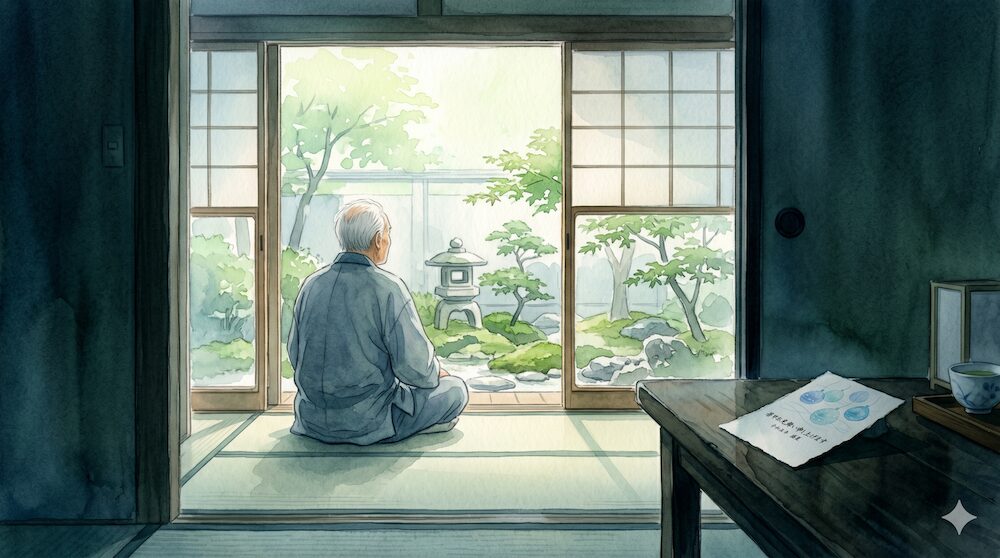 喪中の悲しみの中で静かに庭を眺めて心を休ませる男性