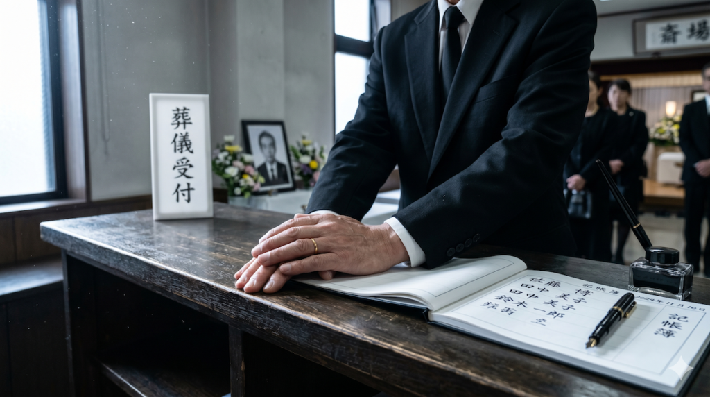葬儀の受付で香典を待つ、黒いスーツの遺族の手元。