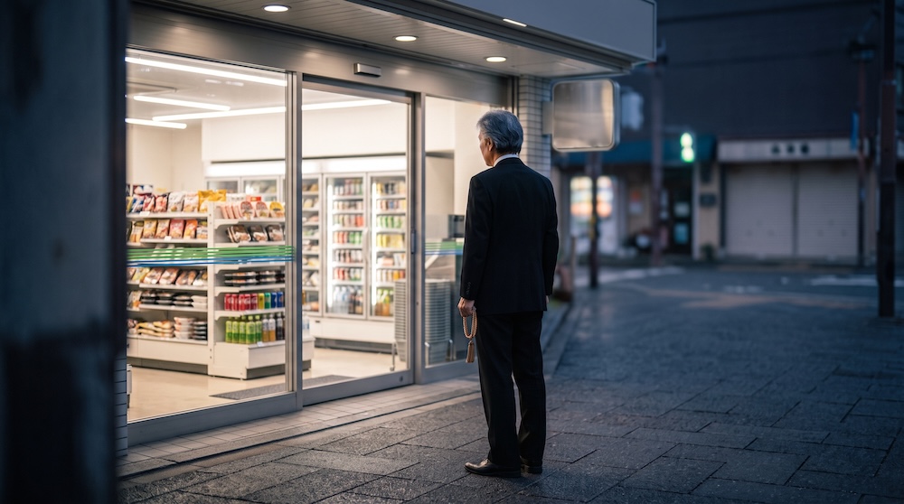 コンビニの前で佇む男性。