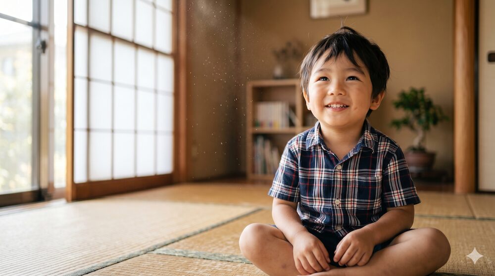 畳の部屋で優しく微笑みながら見上げる幼い男の子の表情