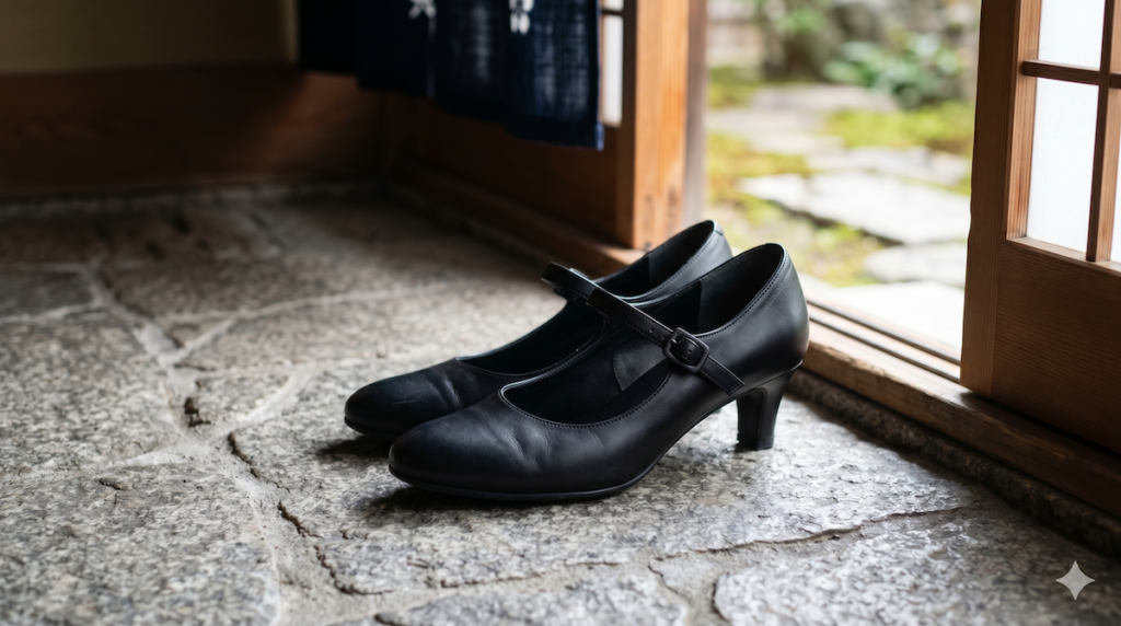 葬儀の靴のストラップ金具と黒パンプス