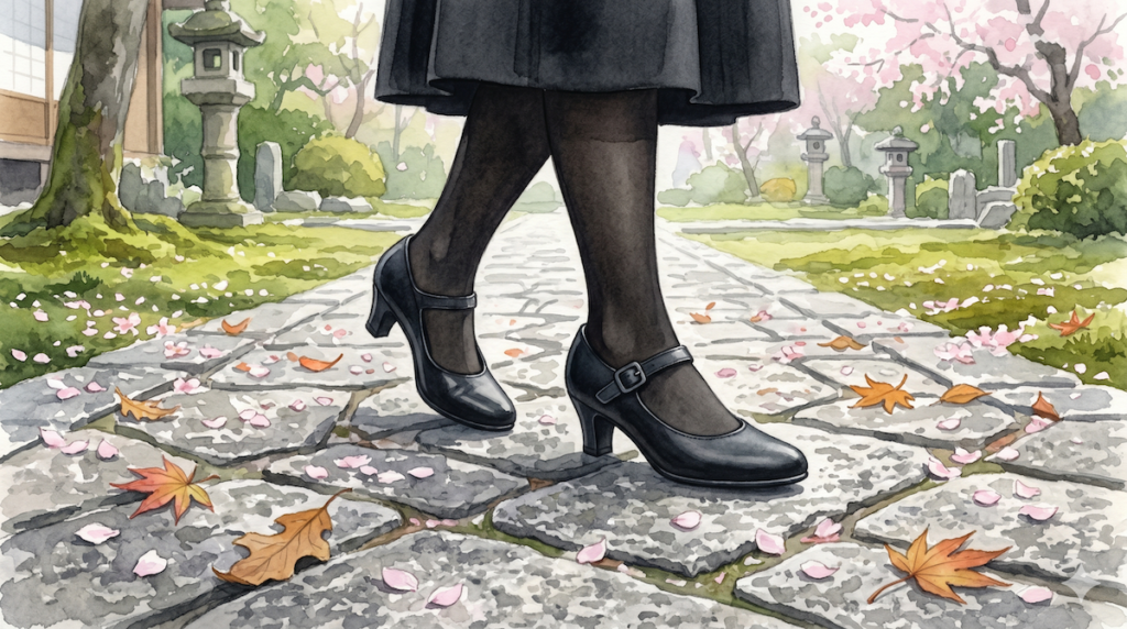 喪服で石畳を歩くストラップ付きの靴