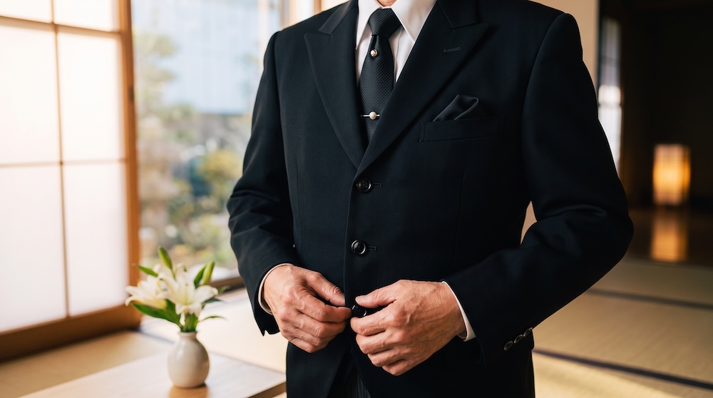 黒い袱紗を手に喪服のマナーを整える