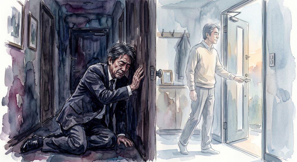 平服に着替えてから外出する理想的な姿と、深く沈み込み、喪服のまま動けない現実の苦しみを描いた水彩画