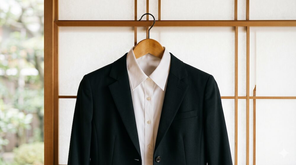 一周忌の服装マナーを表す黒スーツと白インナー