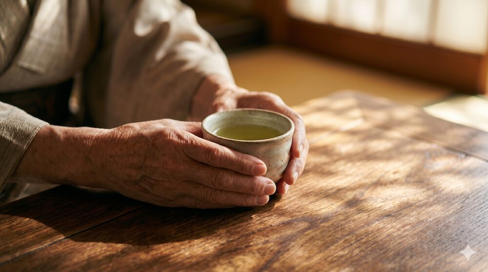 故人を偲びお茶を供える温かい手元