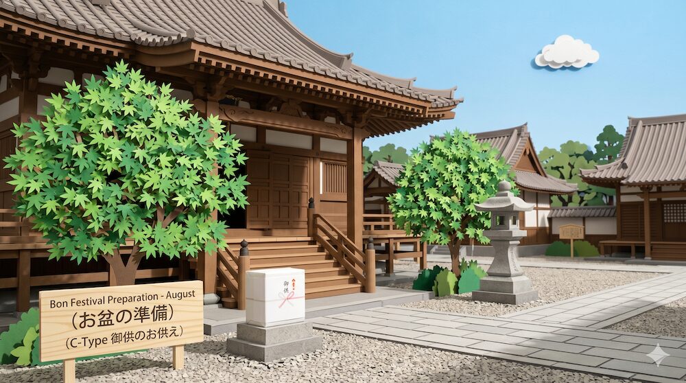盆のお供え配送に適した時期のお寺の風景