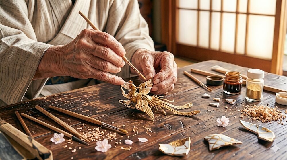 仏壇店で位牌を修復する職人の手