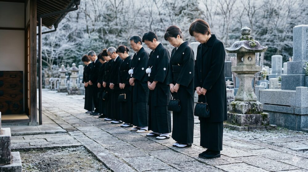 気配を消して葬儀に参列する人々の様子