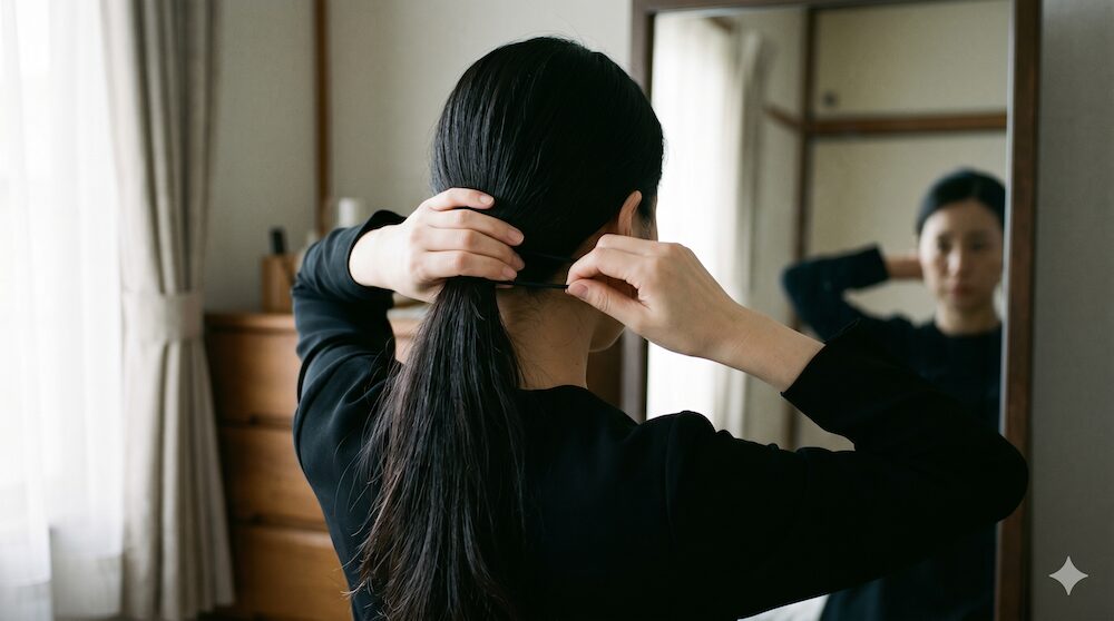 葬儀の髪型マナーで髪を結ぶ喪服の女性