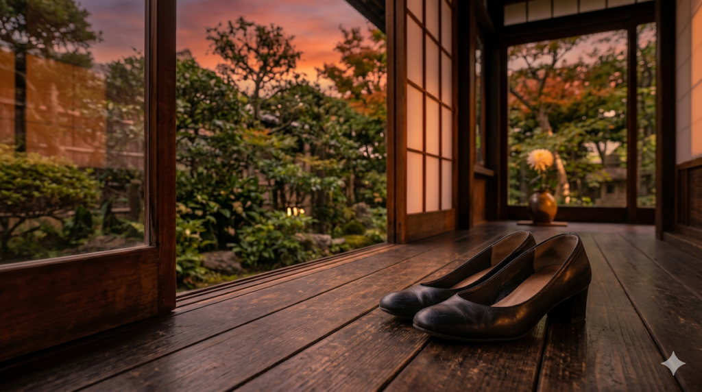 夕暮れの縁側に並べられた黒い靴と美しい日本庭園