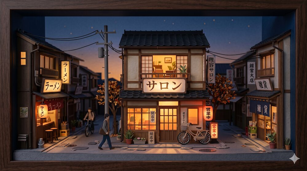 温かい光が漏れる夜のネイルサロンのジオラマ