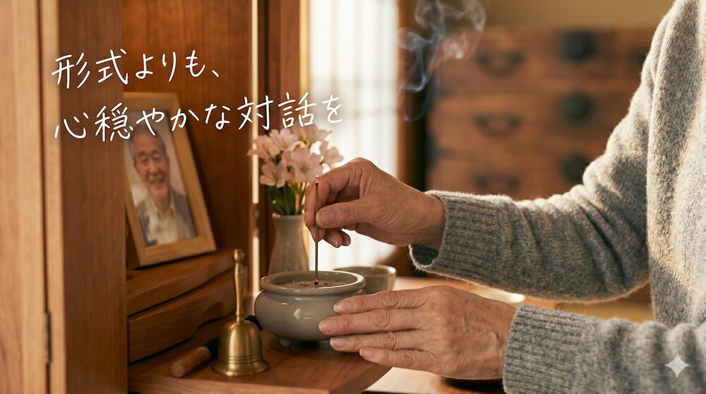普段着の人物の手元をクローズアップ。朝の光の中、仏壇の香炉に線香を立てる様子。