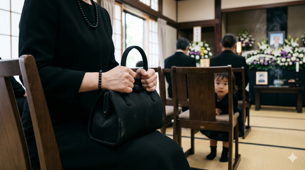 葬儀で子供の行動に悩む母親と葬儀場の様子