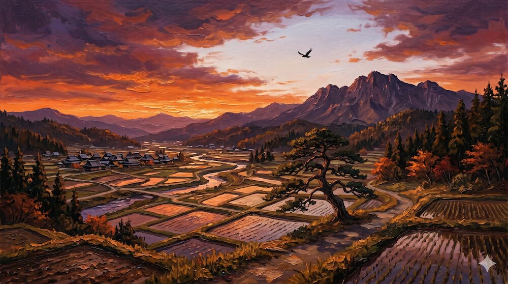 一周忌に遠くから静かに祈りを捧げる夕暮れの風景