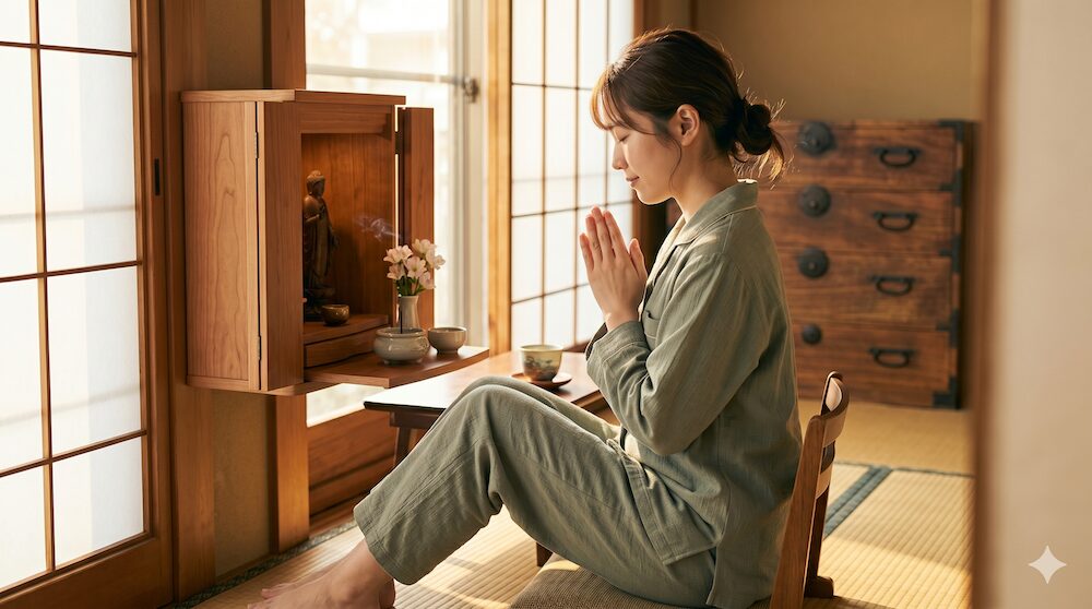 朝の柔らかな光の中で、パジャマ姿の女性が小さな椅子に座り、モダンな仏壇の前で穏やかに手を合わせている様子。
