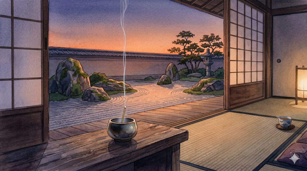 葬儀後の静かな和室で立ち上るお線香の煙
