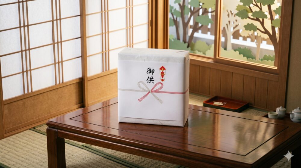 お盆のお供え物にのしをつけた郵送の準備