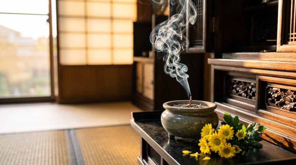 夕暮れの和室に立ち上る線香の煙と菊