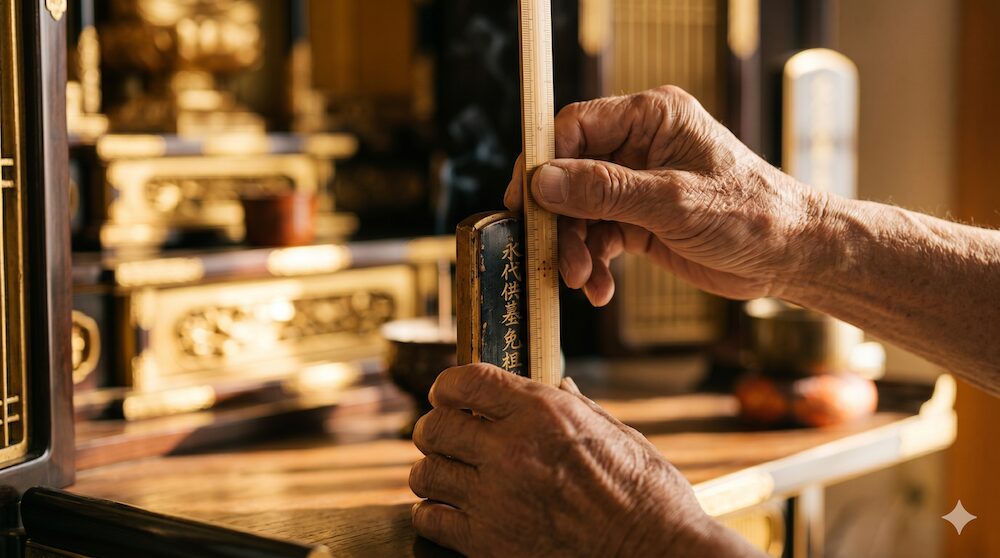 年配の男性が、ご先祖様の古いお位牌の高さを定規で丁寧に測っている手のアップ。
