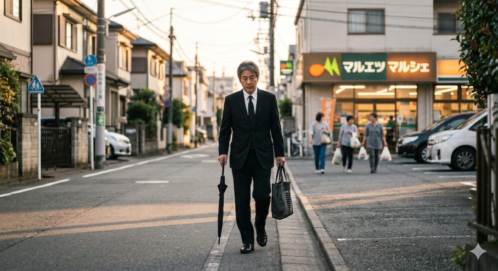 葬儀後に喪服姿で夕暮れの日本の住宅街を一人歩き、スーパーへ向かう男性。