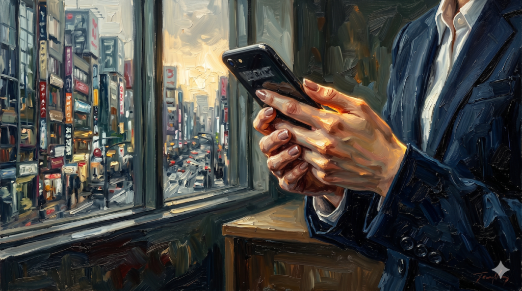 不安な心でスマホを握るリクルートスーツの若者