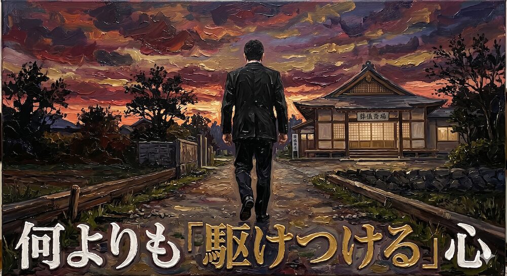 日暮れ時に葬儀場へ向かう男性を、油絵で描いた様子。