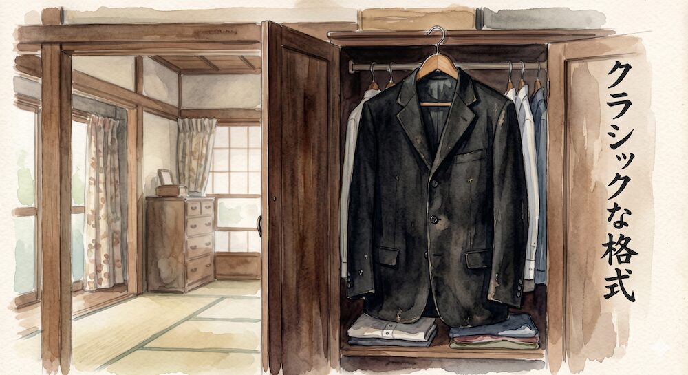 クローゼットに掛けられた、水彩画で描かれたクラシックな三つボタンの礼服。