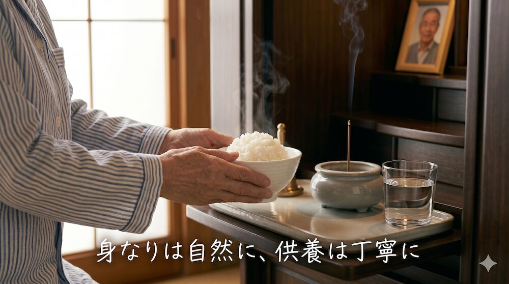 朝の光の中、パジャマ姿の人物が、湯気の立つお仏飯を仏壇の器に丁寧に供えている手元のクローズアップ。